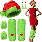 Berlune 7 Pcs Green Christmas Monster Santa Costume Accessories for Women Include Green Furry Leg Warmers Gloves Hat Earrings