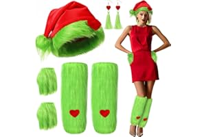 Berlune 7 Pcs Green Christmas Monster Santa Costume Accessories for Women Include Green Furry Leg Warmers Gloves Hat Earrings