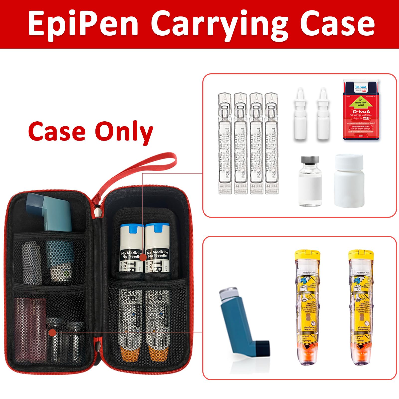 EpiPen Carry Case, Hard Emergency Medical Bag with Carabiner-for 2 EpiPens, Asthma Inhaler, Auvi-Q,Eye Drops,Anti-Histamine,Allergy Medication,Diabetes Travel Case for Adults and Kids