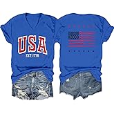 IFQ Womens American Flag Shirt USA Patriotic V-Neck T-Shirt 4th of July Short Sleeve Tee