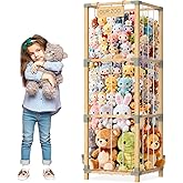 Keeswin 200L Stuffed Animal Zoo Storage, 3-Tier Extra Large Stuffed Animal Holder, Solid Bamboo Plushies Storage Tower with Mesh Pocket and Elastic Cords, Space Saver for Nursery Playroom Bedroom