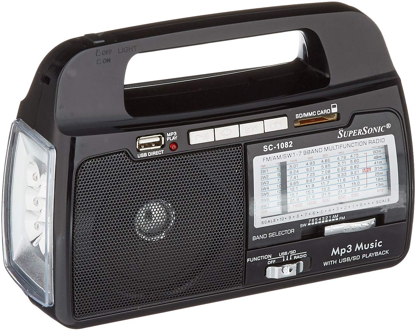 Supersonic SC-1082 9 Band AM/FM/SW 1-7 Portable Radio, High Sensitivity Receiver, Torch Light, Speaker, USB/SD Card Input, Rechargeable Battery, 360° Antenna, 8-10hr Flashlight, 2hr Radio, AC/DC