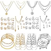 CONGYING 60 PCS Gold Jewelry Set with Multi-Layered Bracelet Necklace, Dangle Earrings, Stackable Ring For Women Valentine Anniversary Jewelry Pack Gifts For Her