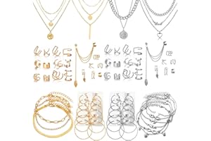 CONGYING 60 PCS Gold Jewelry Set with Multi-Layered Bracelet Necklace, Dangle Earrings, Stackable Ring For Women Valentine Anniversary Jewelry Pack Gifts For Her