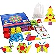 Set of 155 Wooden Pattern Blocks Geometric Manipulative Shape Puzzle Kindergarten Graphical Classic Educational Montessori Tangram Toys for Kids Ages 3+ Jigsaw Puzzles Gift with 24 Pcs Design Cards