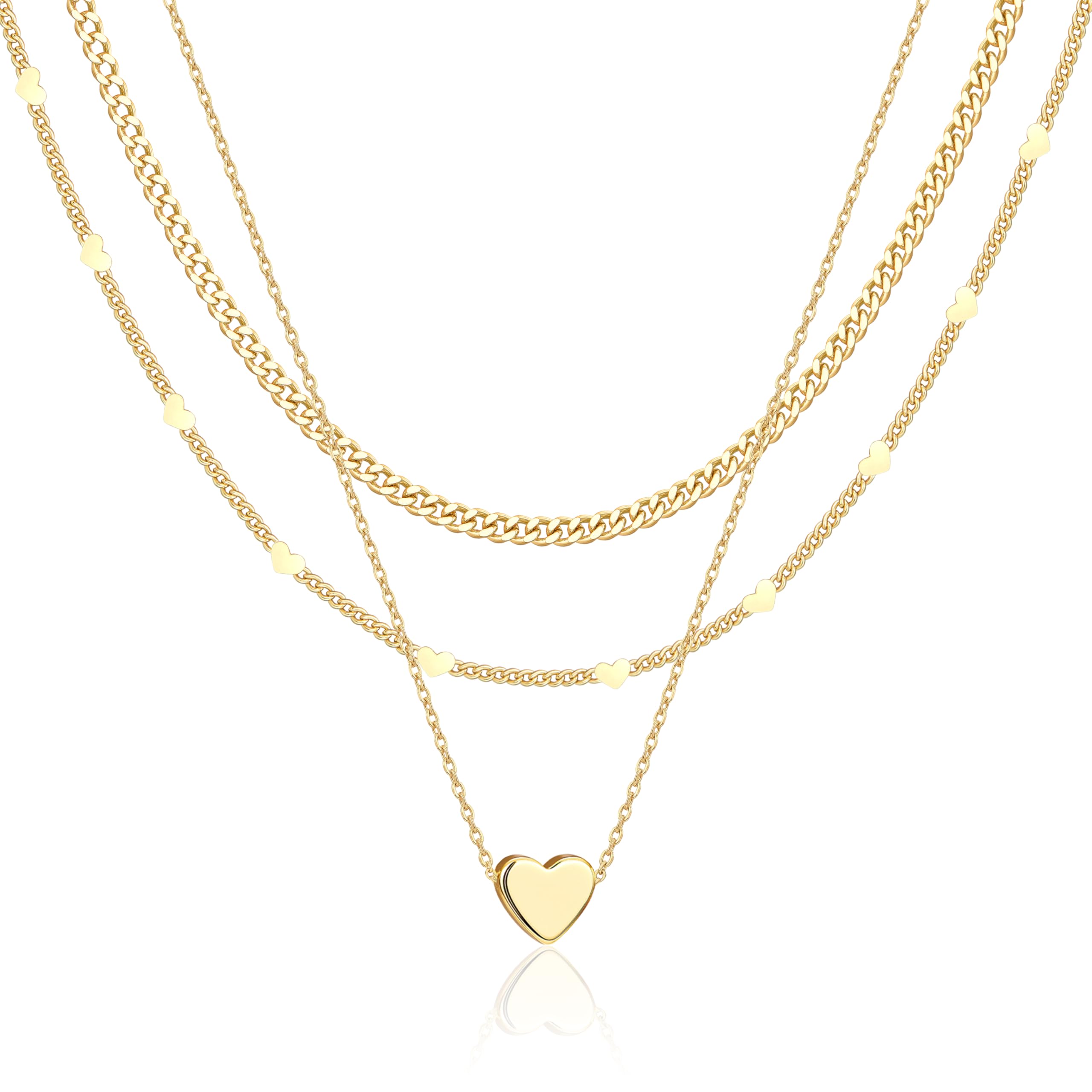 Photo 1 of 14K Gold Plated Layered Heart Necklace Set for Women - 3 Pcs Dainty Gold Layering Necklaces, Tiny Heart Pendant Jewelry, Perfect Valentine's Day Gifts for Her