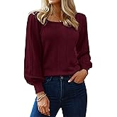 Hotouch Sweaters for Women 2026 Fall Trendy Tops Casual Puff Sleeve Square Neck Cute Tunic Pullover Blouses XS-XXL