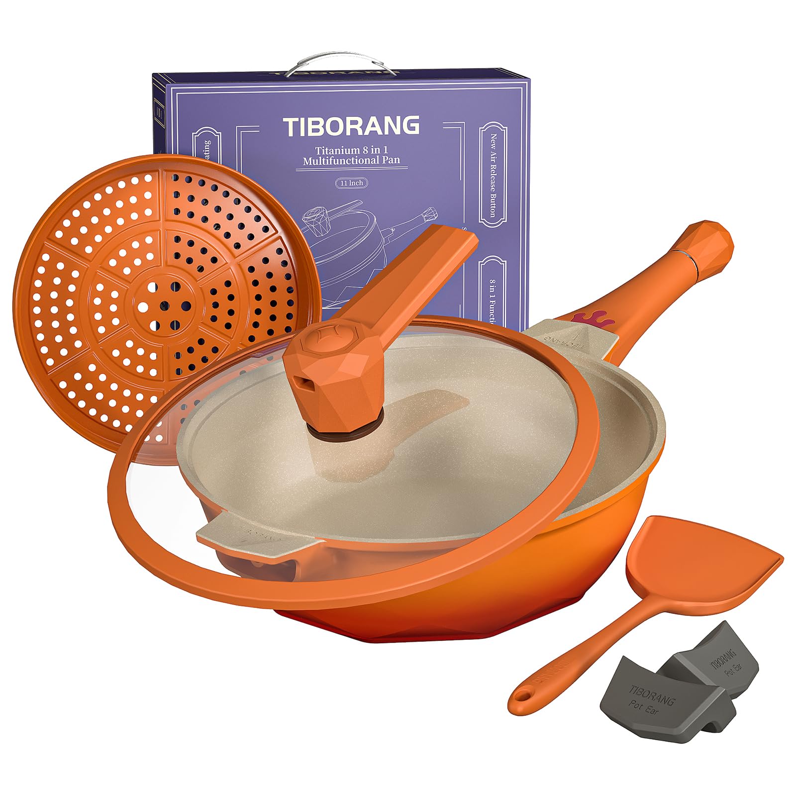 Photo 1 of TIBORANG 8 in 1 Frying Pans Nonstick,11" Frying Pan Skillet with Lid,Steamer for Cooking,All in One Pan Cookware for All Stoves,Woks & Stir-Fry Pans Nonstick,Saute Pan PFAS-Free/PFOA-Free(Tangerine)