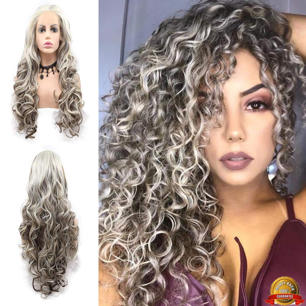 Brown Blonde Lace Front Wigs for Women Long Curly Synthetic Wig Heat Resistant Guleless Quality Cosplay Wig Use for Party Anime Gift Costume Halloween 24 Inches