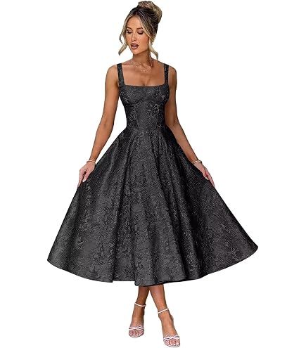 Amazon.com: Verngo Satin Jacquard Black Tea Length Prom Dresses