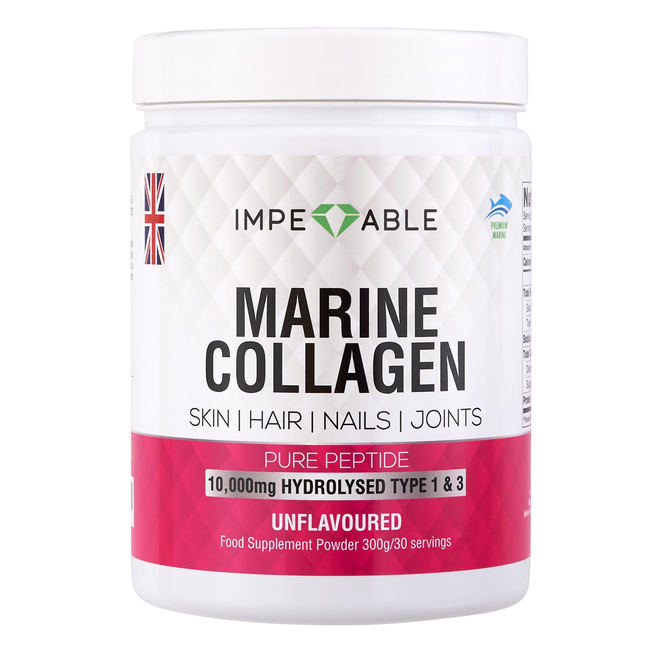 IMPECCABLE Marine Collagen Powder - Hydrolysed Collagen Peptides 10,000 mg. Skin, Hair, Nails & Joint Support - Unflavoured, Easy-Mix Collagen Supplement for Women & Men. 300 g / 30 Servings.