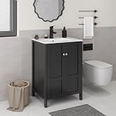 24" Single Bathroom Vanity with Sink Faucet Pop-up Drain Water Supplies | All in One Freestanding Storage Cabinet Combo with Undermount Ceramic Basin, Faucet, Pop Up Drain, Adjustable Shelf,Black