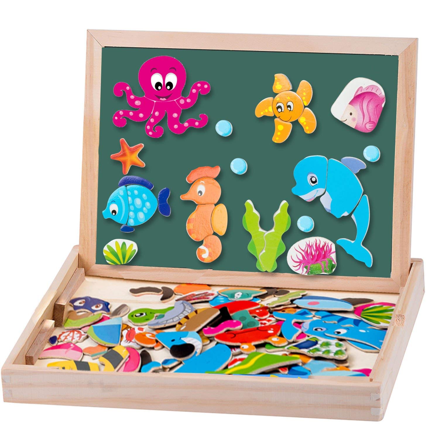 MOVEONSTEP Magnetic Jigsaw Puzzles with Magnetic Numbers and Alphabet Game Total 135 Pieces Double Sided Magnetic Drawing Board Ocean Theme for Children Age 3+