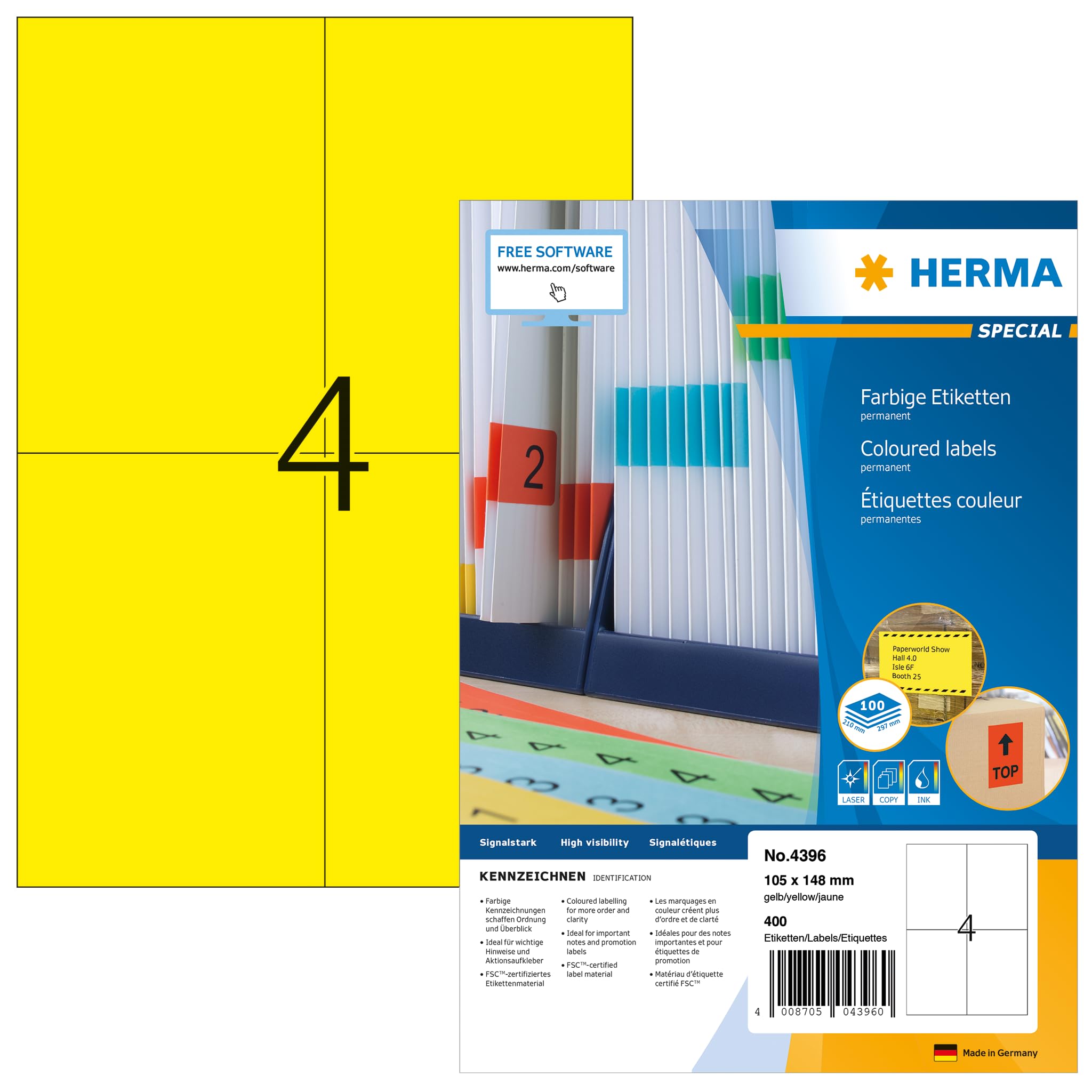 HERMA Self Adhesive Coloured Labels, 4 Labels per A4 Sheet, 100 Sheets, 105 x 148 mm, 400 Labels, Blank Colour Labels Stickers, Sticky Labels for Laser & Inkjet Printer, Yellow