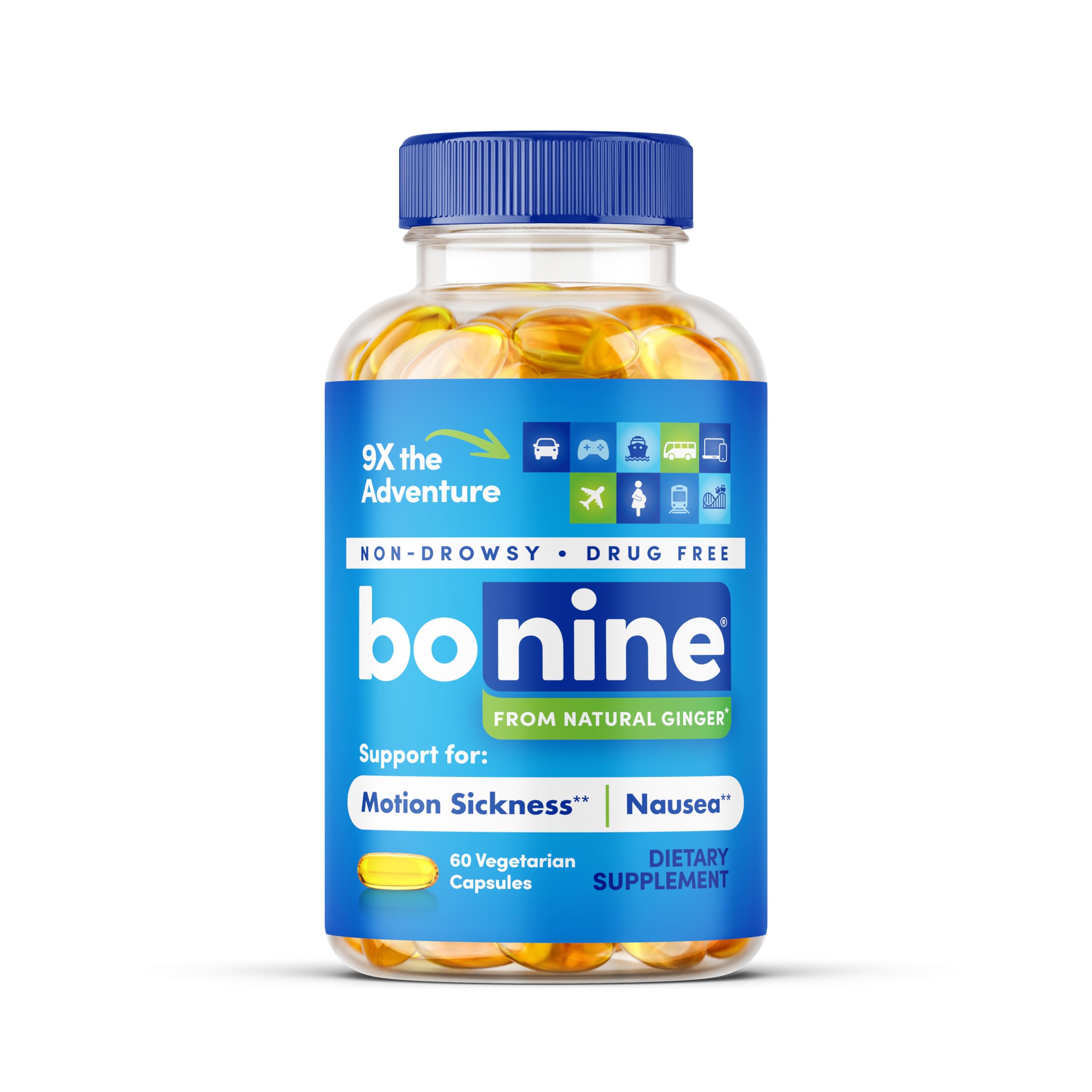 Bonine Ginger Root Extract Liquid Capsules - Non-Drowsy Motion Sickness Relief - 40 mg Ginger Supplement for Morning Sickness & Nausea Relief - Cruise Ship Essentials - 60 Capsules