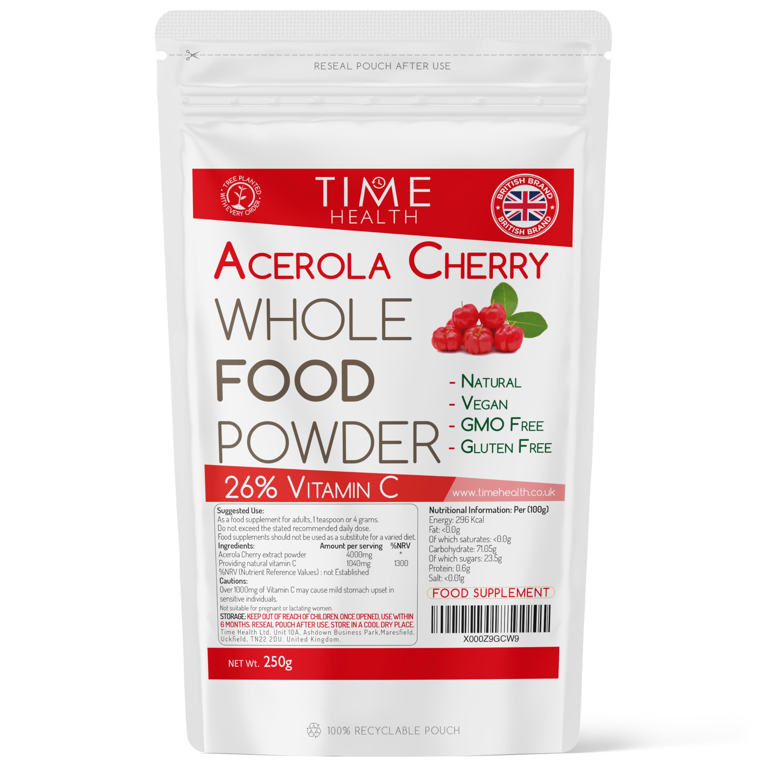 Acerola Cherry Spray Dried Juice Powder - Natural & Wholefood VIT C - 100g 250g 500g 1kg (250g Powder Pouch)