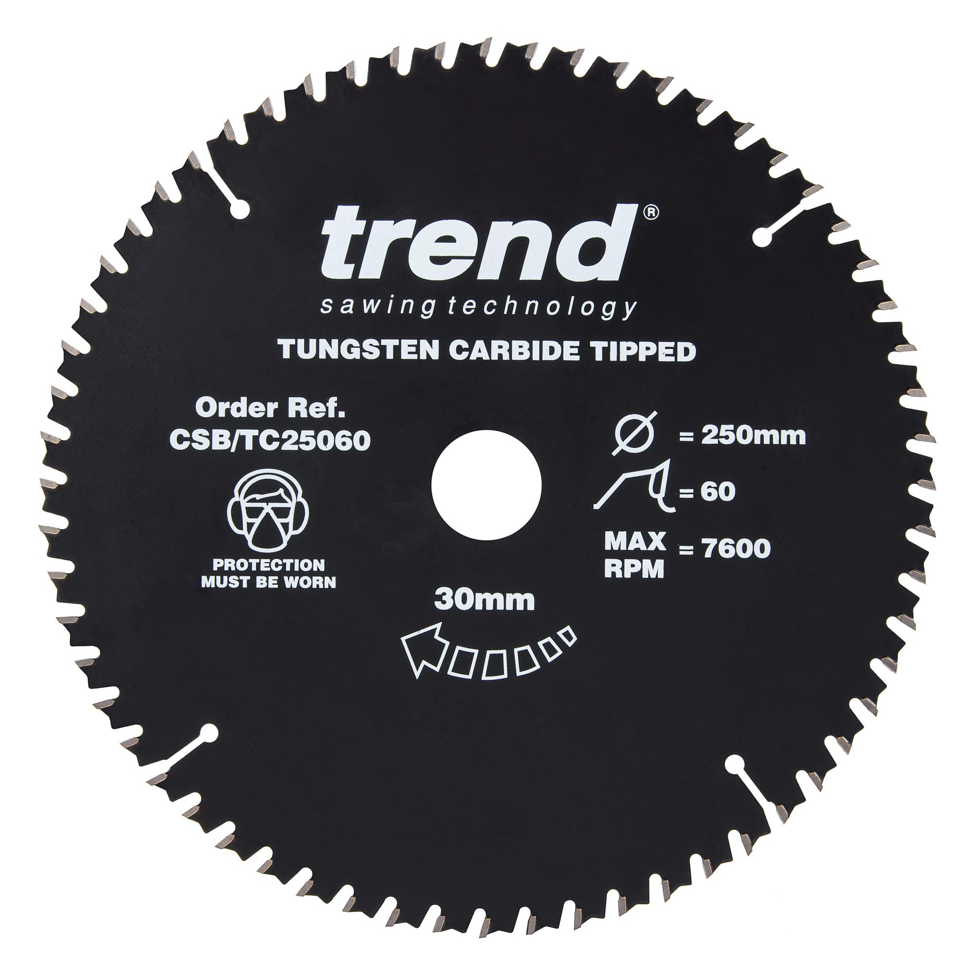 Trend Wood PTFE Circular Saw Blade, 250mm Diameter, 30mm Bore, 60 Teeth, TCT, 3mm Kerf, +15° Hook, CSB/TC25060