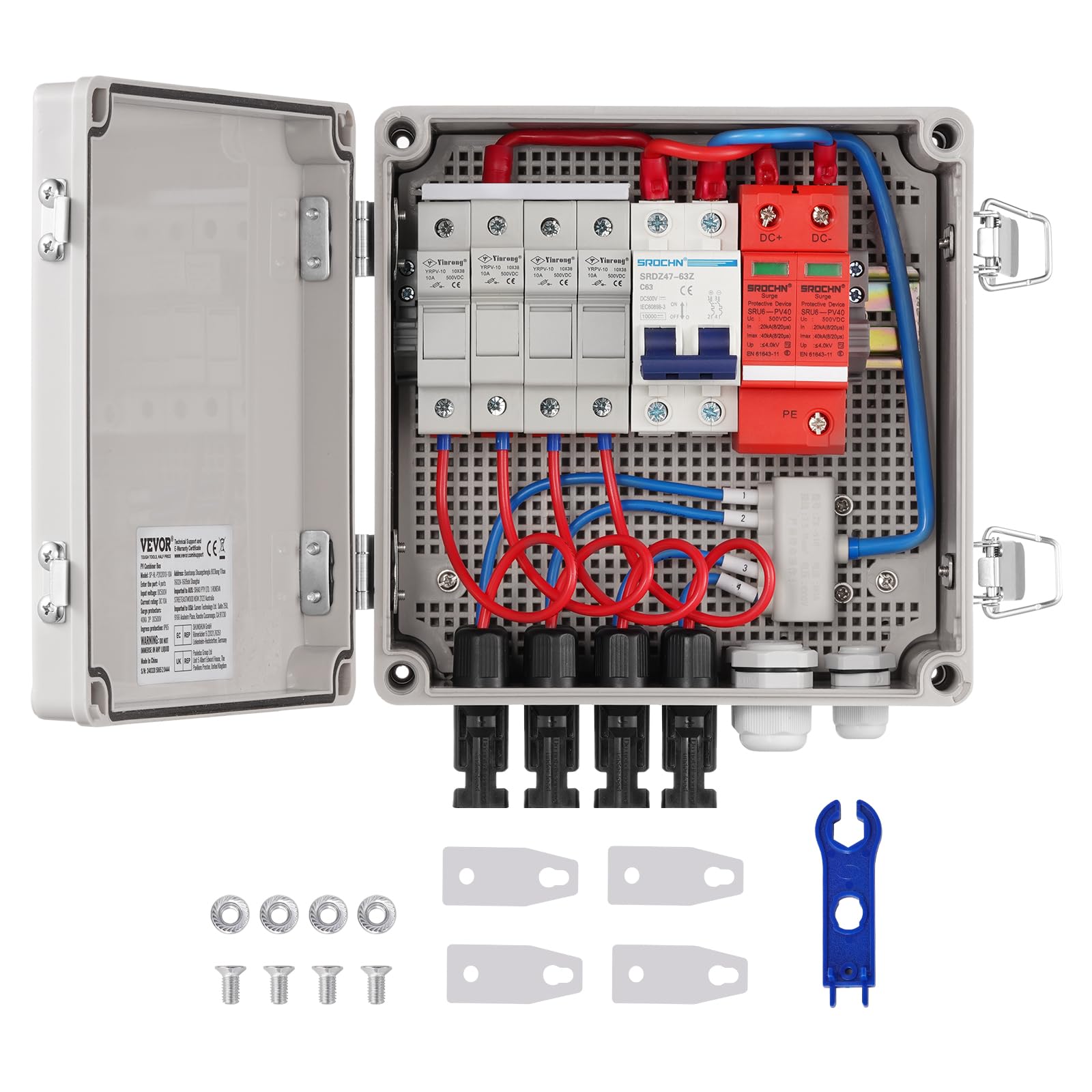 Photo 1 of VEVOR 4 String PV Combiner Box, Solar Combiner Box with 10A Rated Current Fuse & 63A Circuit Breaker for On/Off Grid Solar Panel System, IP65