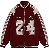 Aelfric Eden Cardigan Sweaters for Women Zip Up Oversized Knit Cardigans Long Sleeve Contrast Color Number Sweater Coat