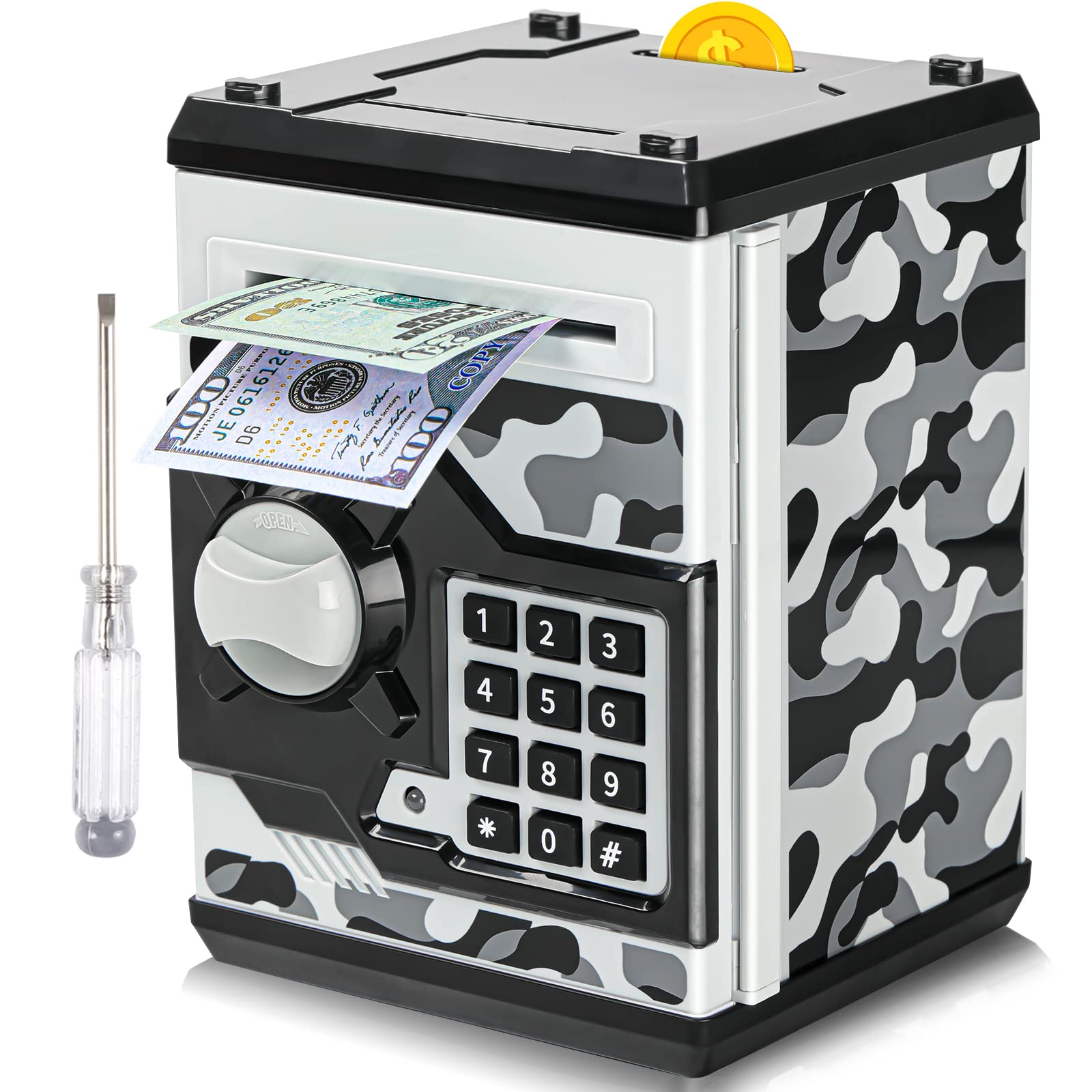 Photo 1 of ATM Piggy Bank for Boys Girls, Vcertcpl Mini ATM Coin Bank Money Saving Box with Password, Kids Safe Money Jar for Adults with Auto Grab Bill Slot, Great Gift Toy Bank for Kids(Camouflage Gray)