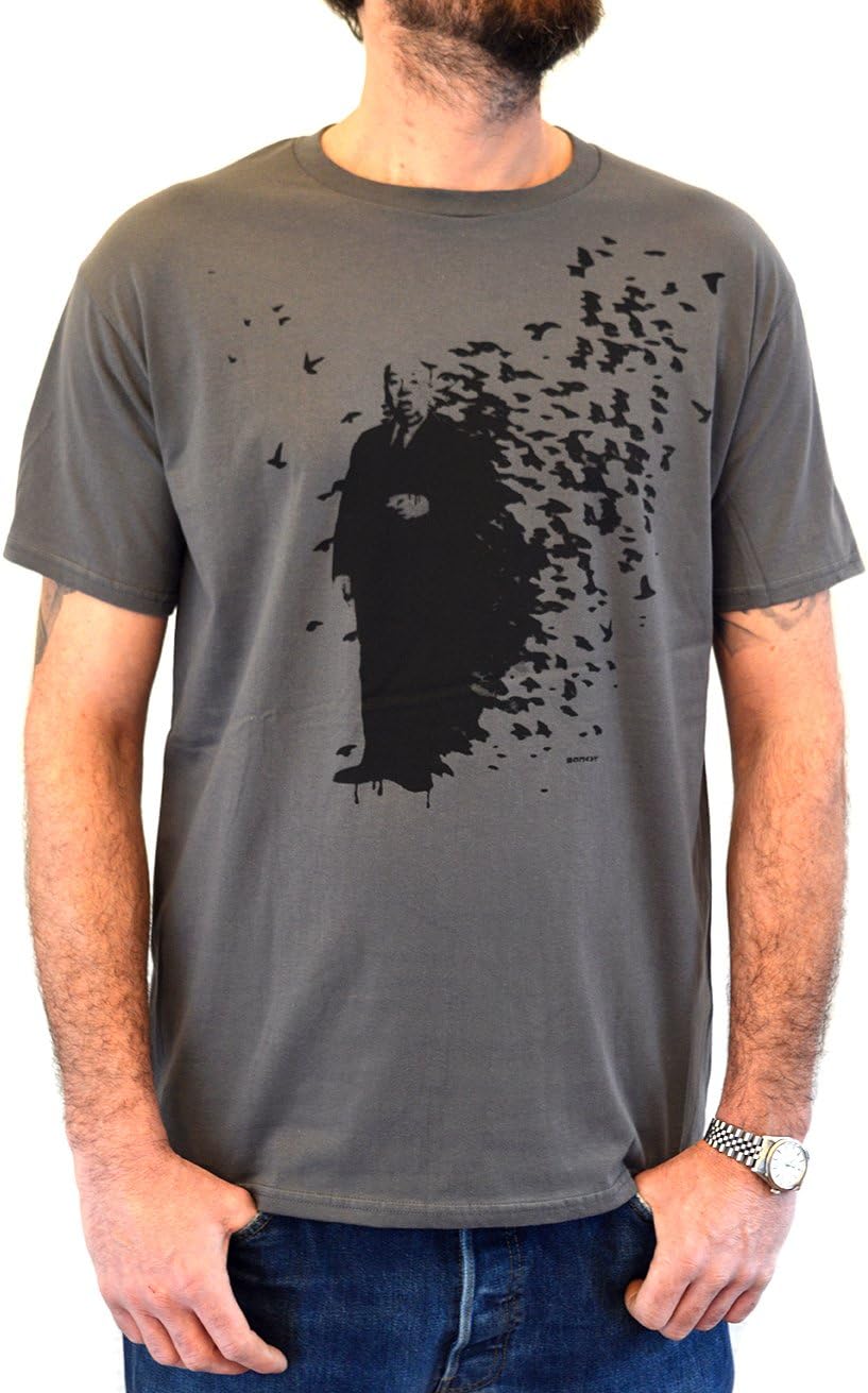 Faces Mens T-Shirt Street Art Banksy Alfred Hitchcock and The Bird Grey t-Shirt Water Colors Screen Print