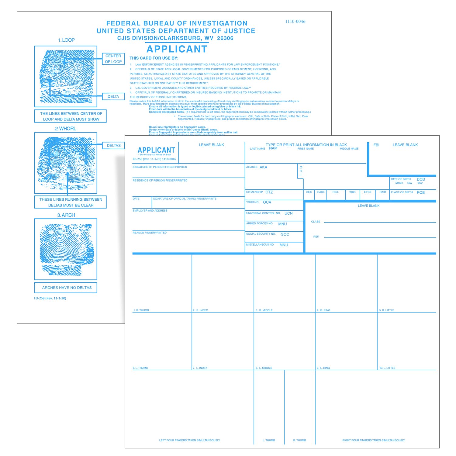 50pcs Fingerprint Cards, Premium Applicant FD-258 Finger Print Cards Rev. 11-1-20 (8.03x8.03 Inches)