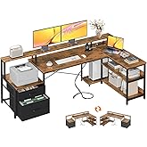 ODK 75" L Shaped Desk with File Drawers, Work from Home Office Desk with Power Outlet, Reversible Computer Desk with Storage Shelves, Gaming Desk with Monitor Shelf, Corner WFM Table, Vintage