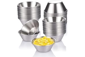 HOMEE 50 Pack Stainless Steel Condiment Sauce Cups, 1.7oz/50ml Reusable Round Dipping Sauce Cup, Stackable Round Individual D