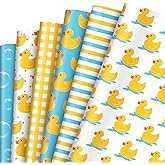 FYSUIMU 12 Sheets Rubber Duck Wrapping Paper - Not Roll - Yellow Blue Bubble Plaid Stripe Gift Wrap Paper Folded Flat for DIY Crafts Birthday Baby Shower, 19.7 x 27.6 Inch