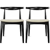 2xhome Set of 2 Solid Wooden Dining Chairs | Upholstered Beige Cloth Linen Cushioned Seat | Modern Farmhouse Elbow Side Chair | Home, Kitchen, Office, Meetings (Black)