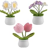Framendino, 3 Pack Crochet Flower Pot Daisy Tulips Flowers Bouquet Handmade for Birthday Wedding Gift Home Decor
