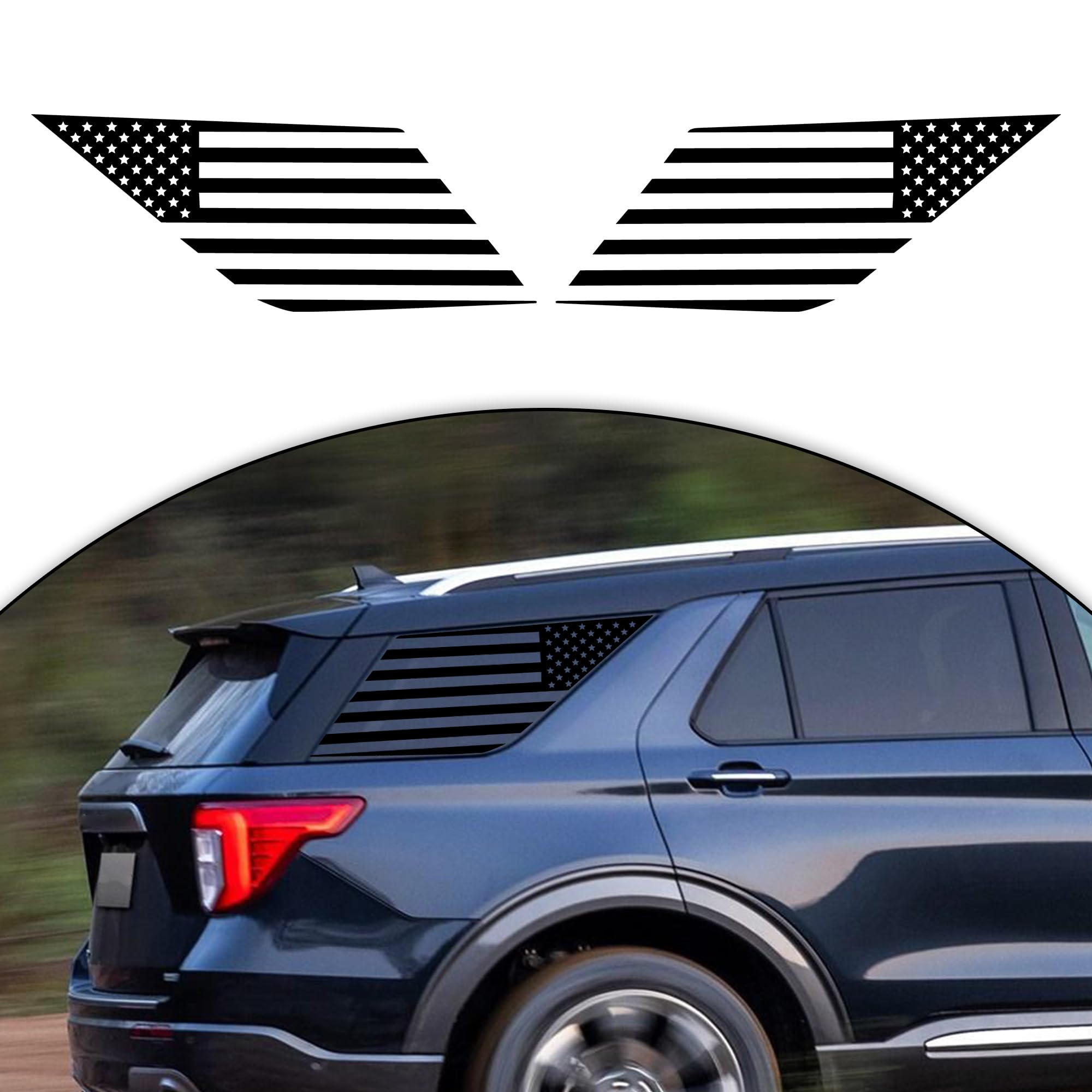 Photo 1 of ***ONLY 1 DEACL -PRE USED*** Zhizhong Rear Side Quarter Window Decals for Ford Explorer 2020-2022 2023 2024, Precut Matte Black American USA Flag Back Side Window Sticker