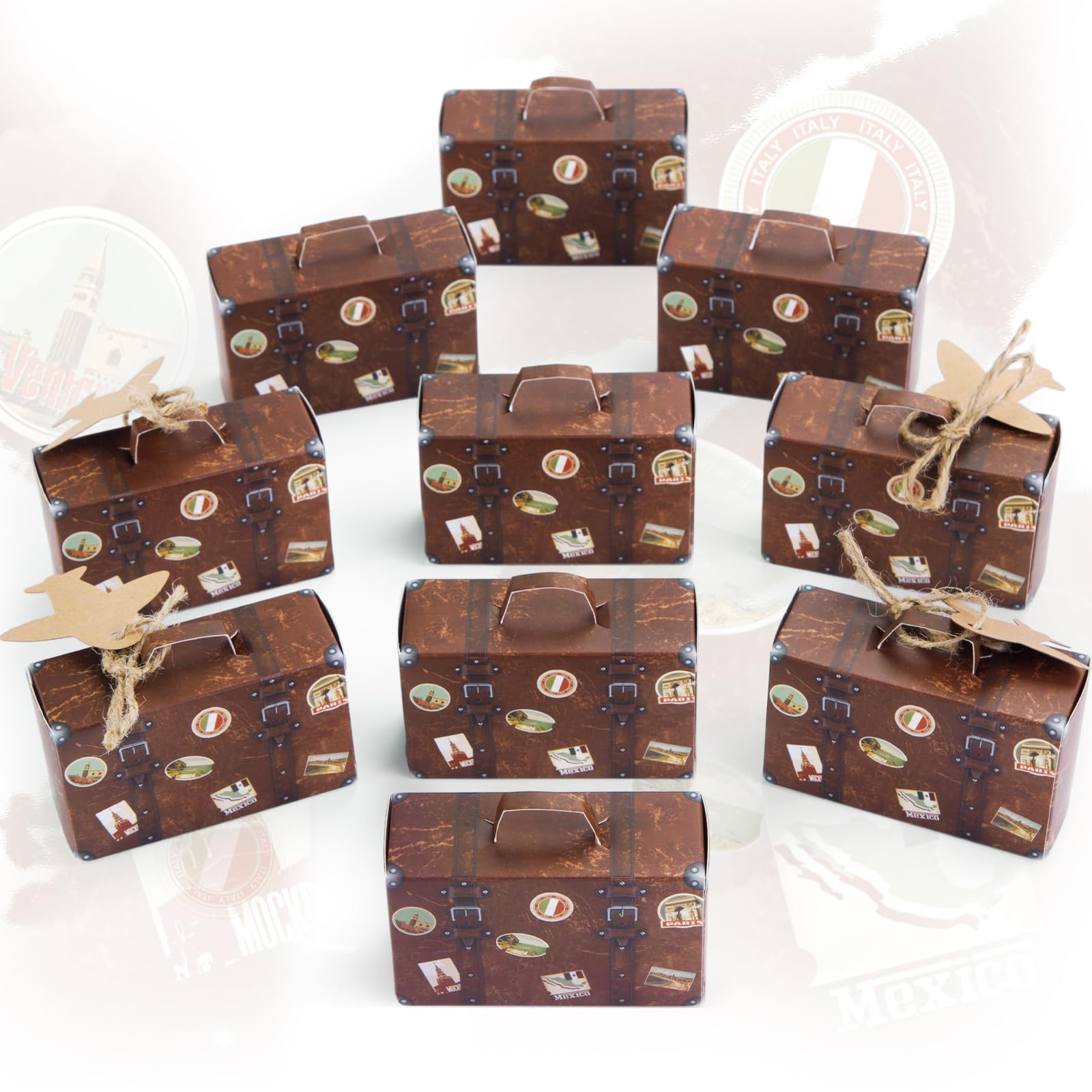 VGOODALL 50PCS Mini Suitcase Favor Boxes, Travel Theme Candy Box Vintage Kraft Cardboard with Tags and Burlap String for Wedding Travel Theme Party Bridal Shower Decoration