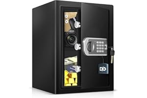 BIOAEYOK Steel Safe Box, 1.0 Cubic Feet Safe Box for Home, Security Safe Box with Digital Keypad for Money Cash Valuables Document, Dual Alarm System, Keyboard Silent Mode, Removable Shelf, Black