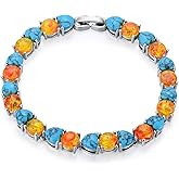 PEIMKO 925 Sterling Silver Full Stone Textured Turquoise Amber Tennis Bracelet White Gold Plated Jewelry Gift for Women Mothers