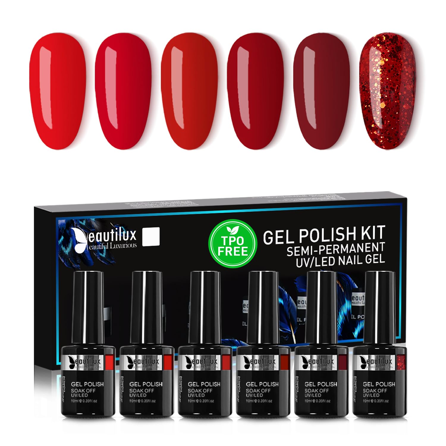 Beautilux HEMA&TPO Free Gel Polish 6x10ml -European Standard- Long-Lasting Formula, Tight Color, Easy Apply, Salon-Grade Shine for Up to 21 Days, 6-Pack for Professional & DIY at Home, Gift for Her