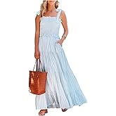 R.Vivimos Women's Summer Cotton Adjustable Straps Boho Stripe Casual Flowy A Line Midi Dress with Pockets