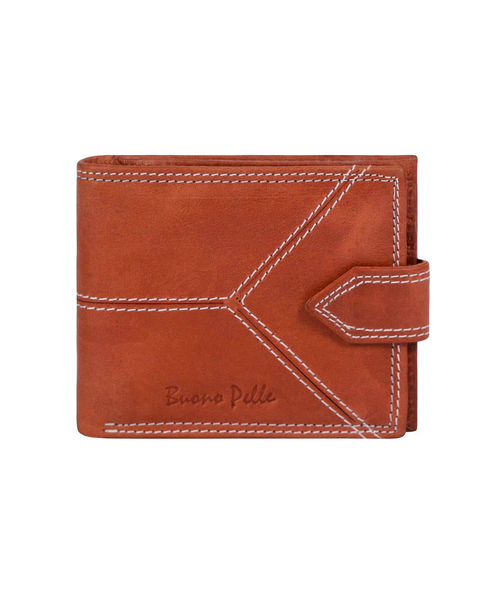 Buono Pelle RFID Blocking Mens Designer Genuine Real Leather Wallet with Large Zip Coin Pocket/Pouch Gift Boxed (Distressed Crunch Tan)