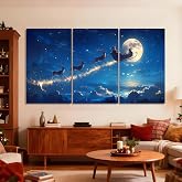NewGetty Christmas Canvas Wall Art, Santa Sleigh Reindeer Poster, Winter Scene Wall Decor, Luxury Wall Decor, Full Moon at Night Canvas Prints Wall Art for Living Room (12