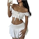 SOLY HUX Women's Summer Vacation Outfits Off The Shoulder Crop Top and Mini Skirt Y2k 2 Piece Set