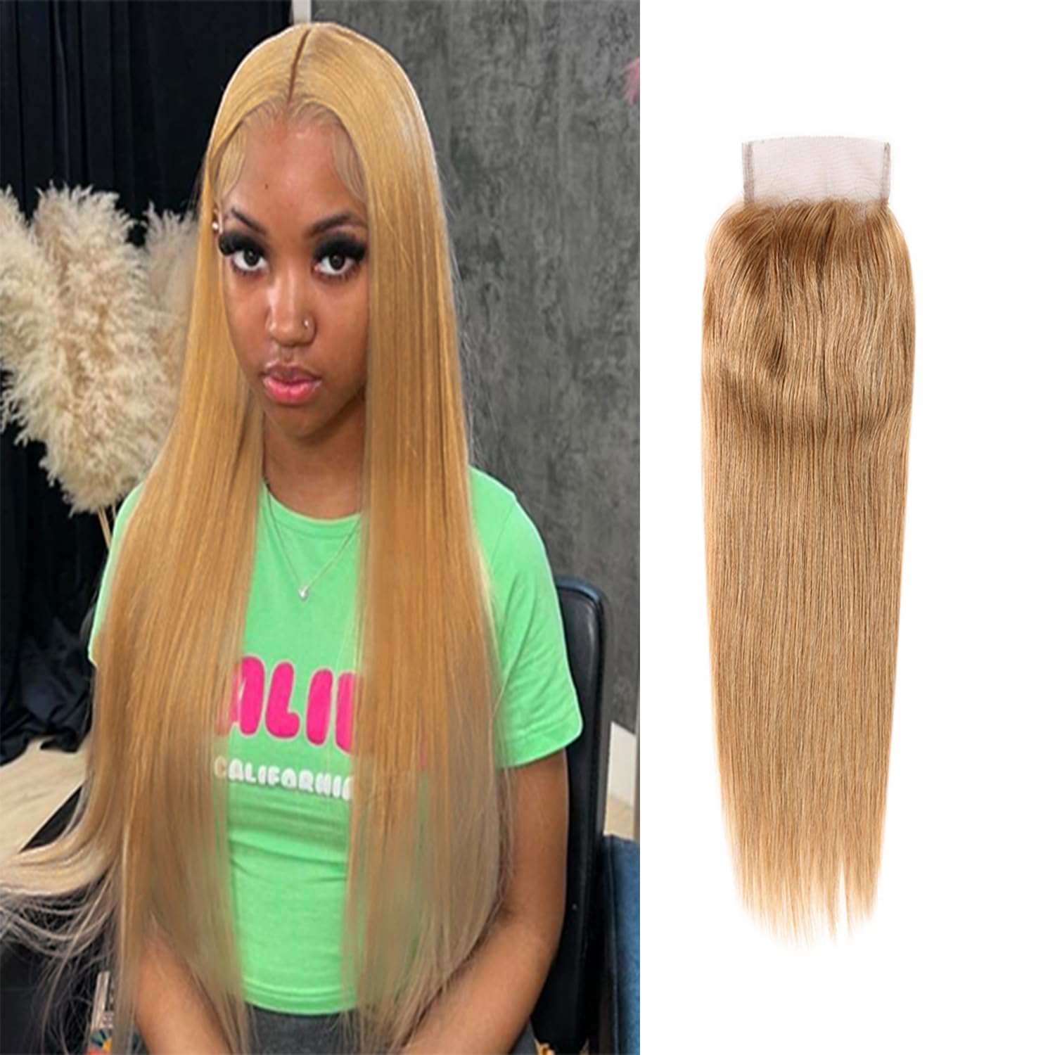 4x4 Closure Honey Blonde Closure Straight Wave Color #27 Lace Closure Virgin Brazilian Human Hair Swiss Lace with Baby Hair 20 inch