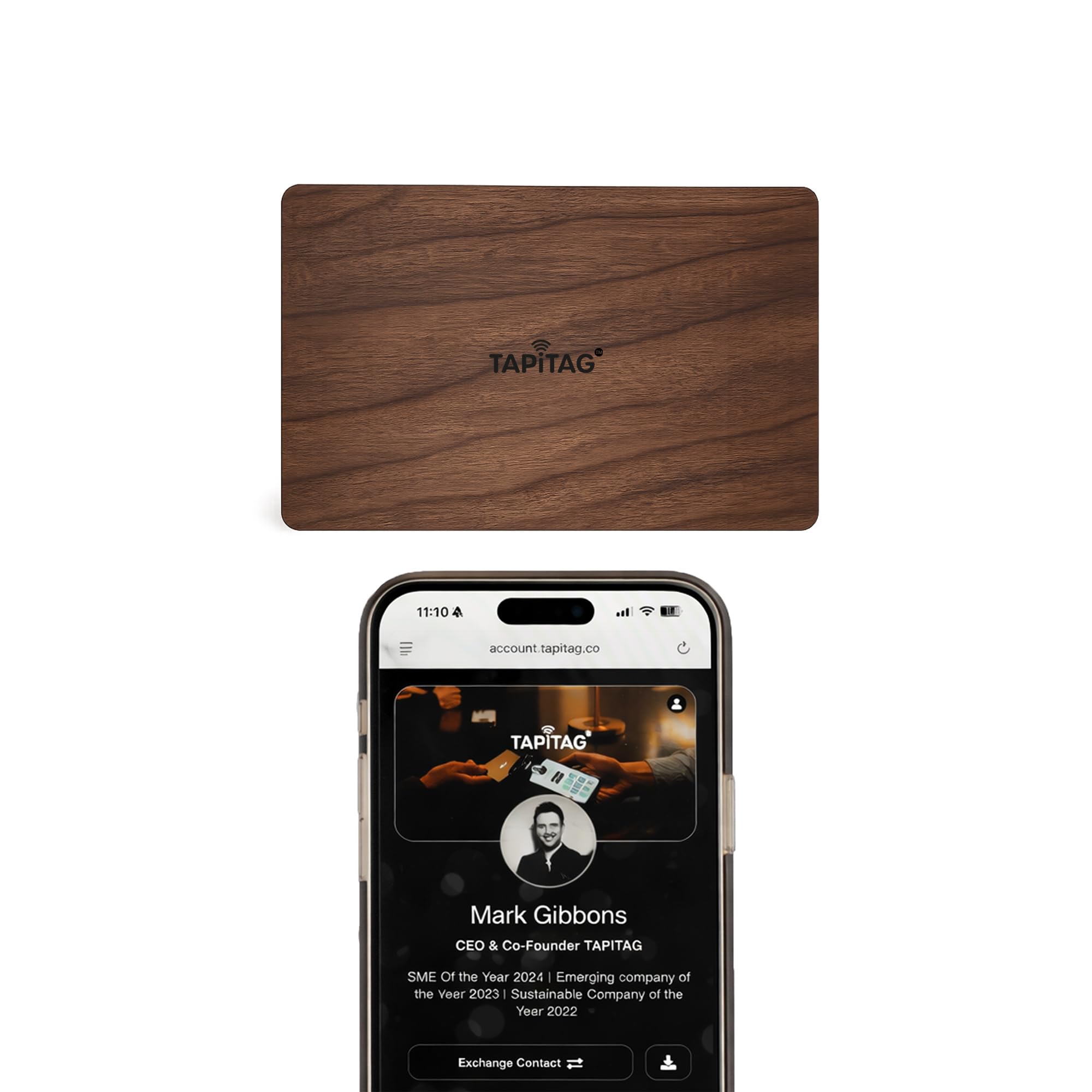 TAPiTAG Wooden Digital Business Card - NO Subscription Required - Contactless Wooden Card with NFC, QR and Online Profile for Networking and Business Events (Walnut)