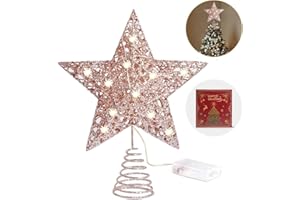 WHOLEV Christmas Tree Topper Star, Rose Gold Christmas Ornaments Treetop, 20 LED Light Up Tree Toppers Christmas Tree Decoration, Glittered Metal Christmas Star for Christma Tree Ornament Pink Decor
