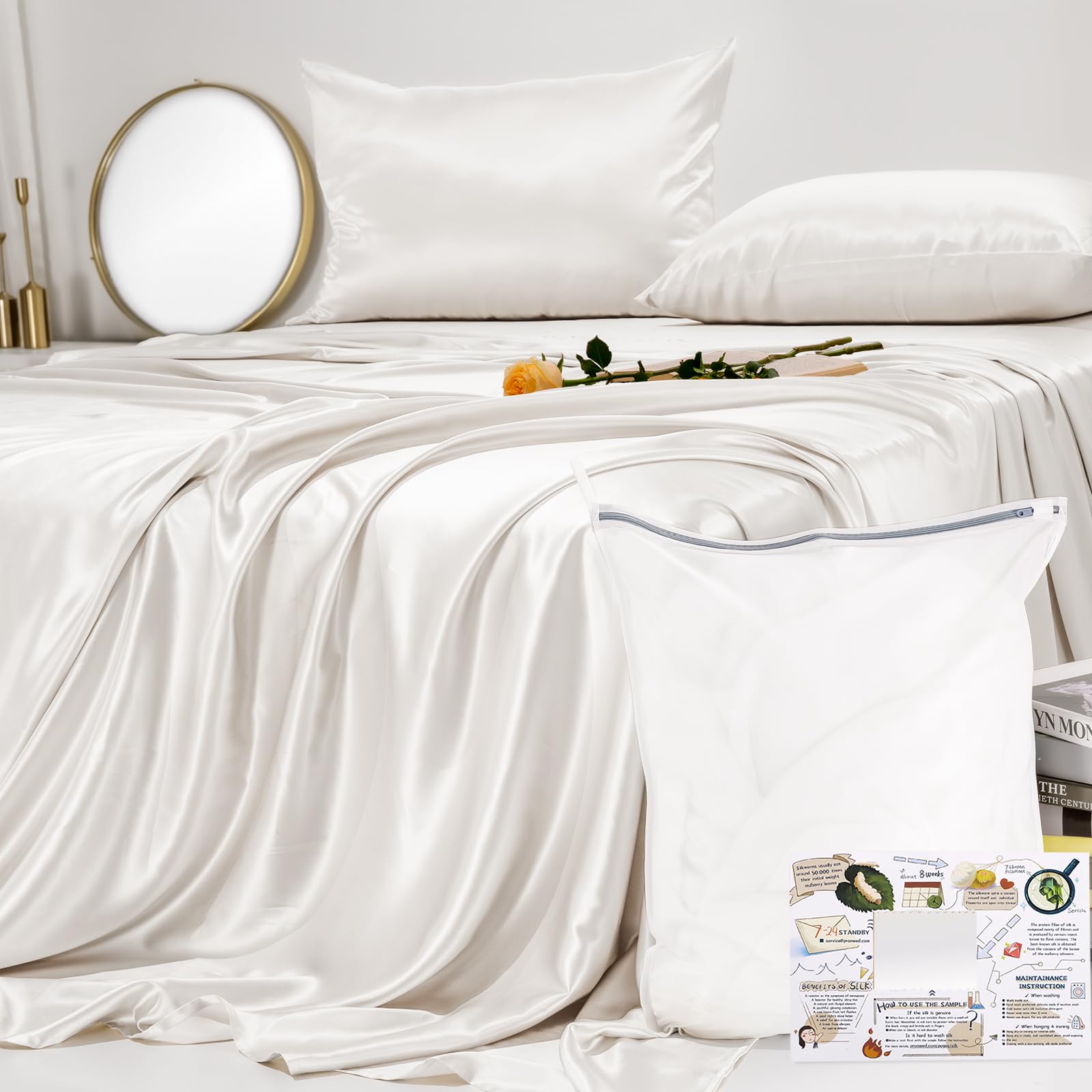 Photo 1 of PROMEED 100% Pure Mulberry Silk Sheets White King Size Bed Set, Ultra Soft 23 Momme Grade 6A+ Natural Silk Bed Sheet Set 4PCS (White, King)
