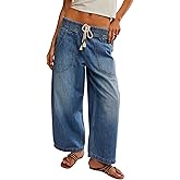 longlugoo Women Barrel Jeans Casual Wide Leg Baggy Elastic Mid Rise Boyfriend Y2k Loose Denim Pants with Drawstring