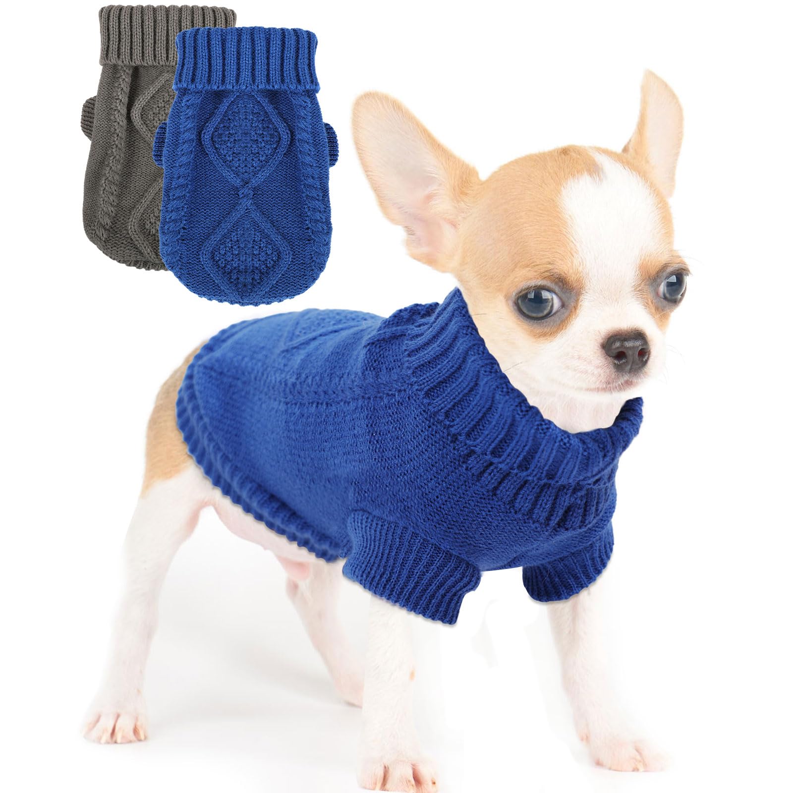 Photo 1 of 2 Pieces Dog Sweater for Small Dogs Winter Warm Dog Knitted Sweaters Cute Puppy Clothes for Chihuahua Teacup Yorkie Pet Cat Knitwear Turtleneck Thick Clothing X-Small