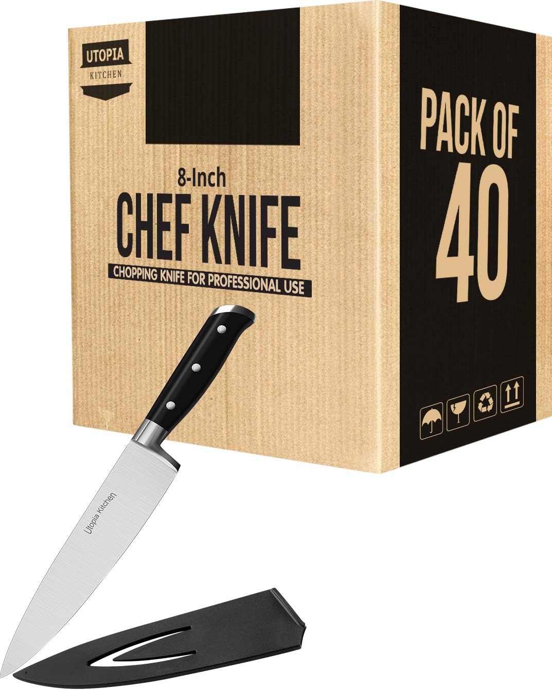 Utopia Kitchen Chef Knife 8 Inches Carbon Stainless Steel Kitchen Knife with Sheath and Ergonomic Handle (Bulk Pack of 40)