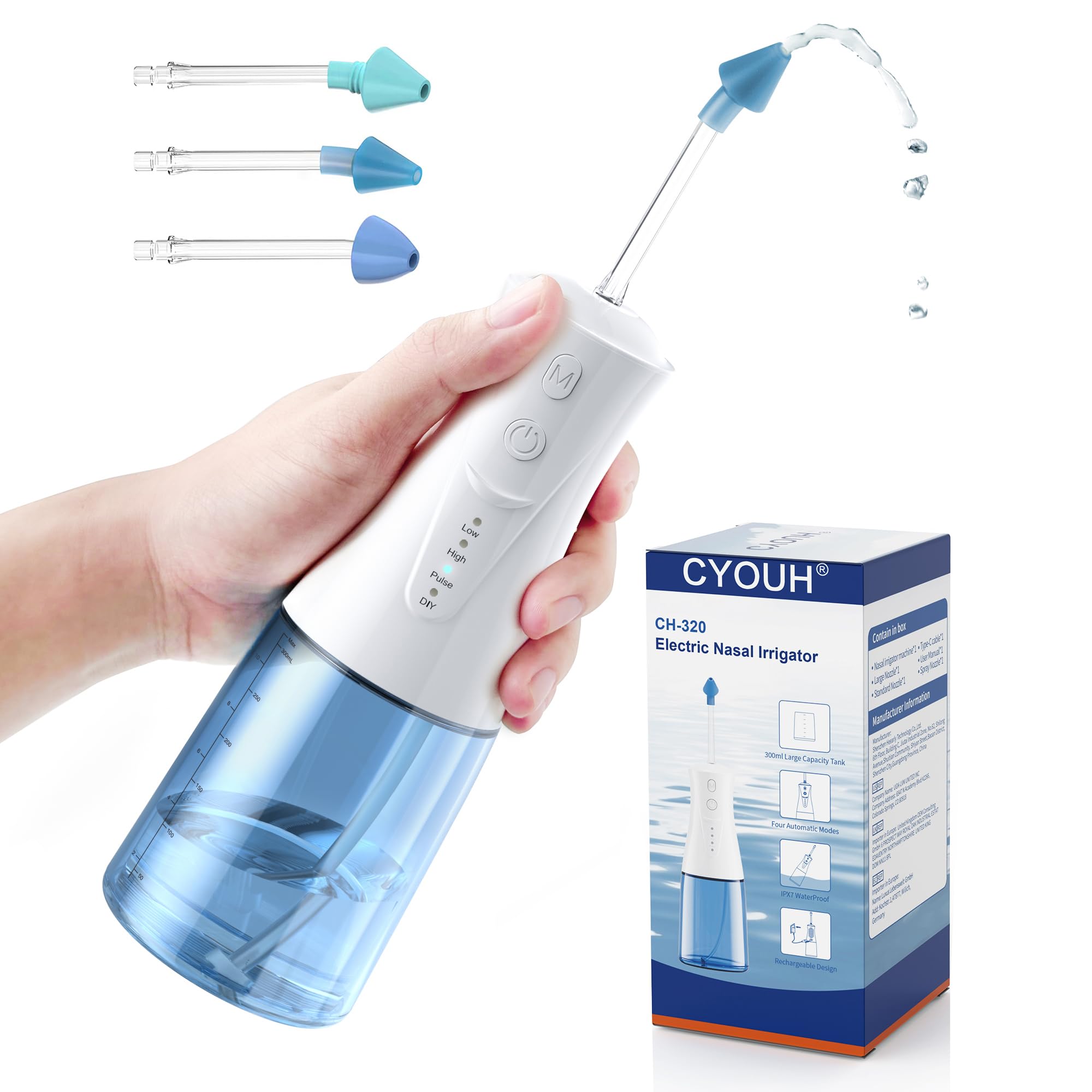 Photo 1 of CYOUH Electric Neti Pot Nasal Irrigation System – 300ml Cordless Sinus Rinse Machine for Adults & Kids, Nose Wash Bottle with 3 Tips for Nasal Care(Sky Blue)