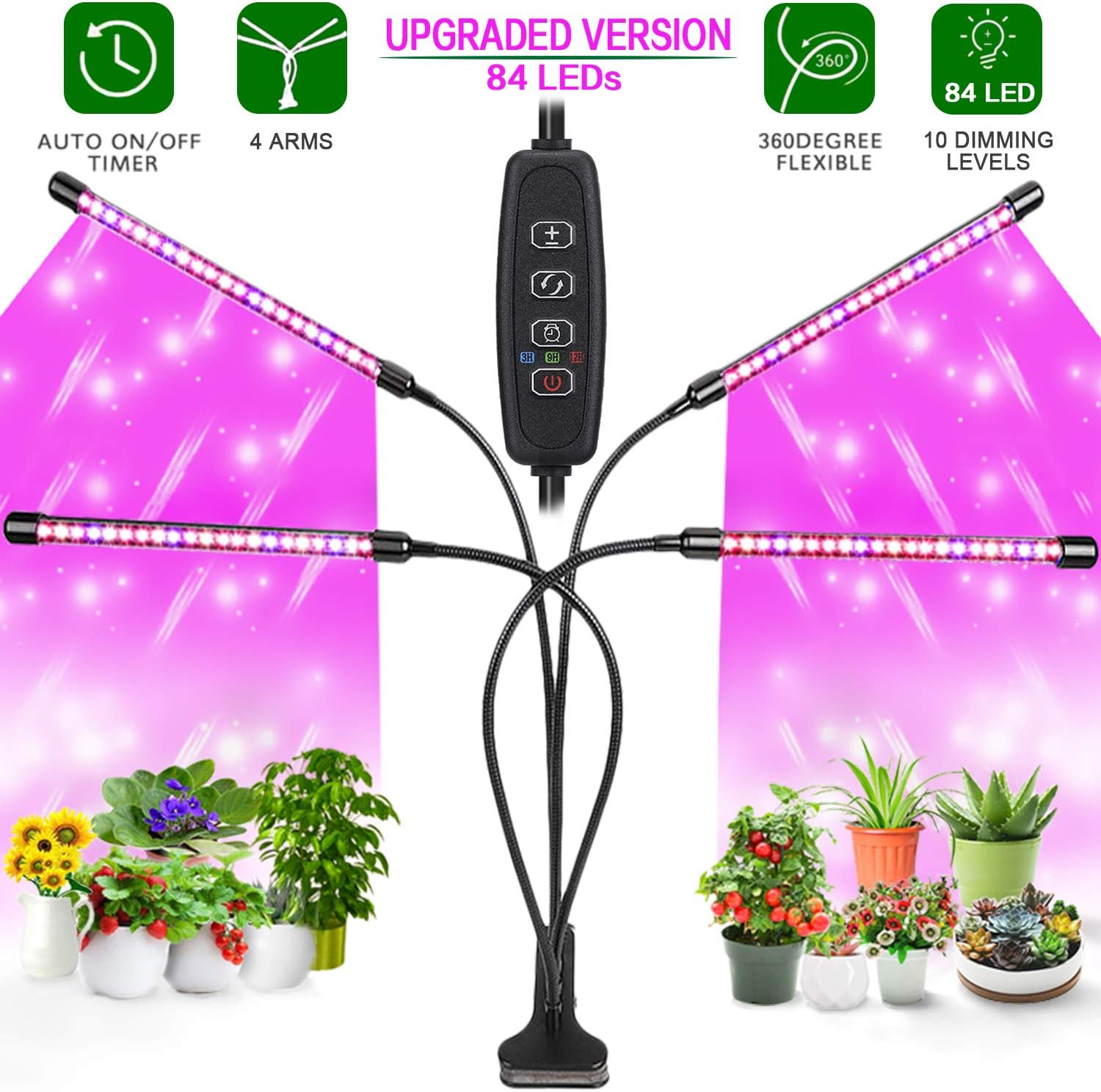 Led Grow Lights, Grow Lights 84 LEDs for Indoor Plants Full Spectrum 4 Heads Plant Growing Lamps with Timer 360°Adjustable Gooseneck for Seedlings and Succulents