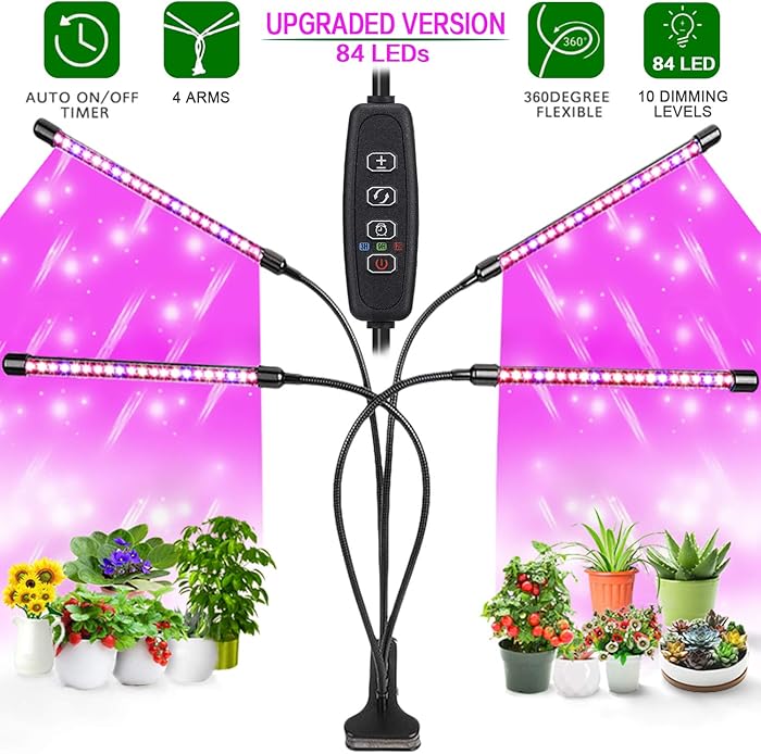 Led Grow Lights, Grow Lights 84 LEDs for Indoor Plants Full Spectrum 4 Heads Plant Growing Lamps with Timer 360°Adjustable Gooseneck for Seedlings and Succulents